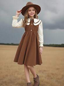 SHEIN Girls Pearl Button Decor Long Sleeve Peter Pan Collar Midi Pleated Dress, Cute Sweet Academic Style, Fashionable, Autumn/Winter - Brown - View 3