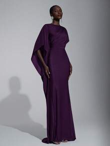 Elitara Elegant Luxurious Navy Blue Satin Ruffle Sleeve Sexy Slit Fishtail Bridesmaid Dress - Purple - View 6