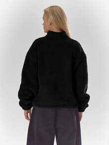 MUSERA High Neck Embroidered Elasticated Toggle Detail Fleece Jacket Cosy Cute Casual Coffee Club Winter Spring - Black - View 2