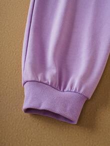 SpongeBob SquarePants | SHEIN Conjunto de sudadera con capucha con cremallera y pantalones con estampado de dibujos animados lindos de color morado para niña preadolescente - Morado - Ver 5