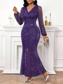 Fleurora 女士V领灯笼袖鱼尾修身连衣裙 - 紫色 - 查看 4