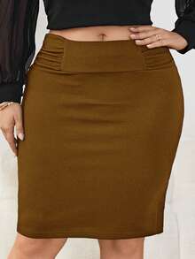 SHEIN Tall CURVE 大码女式休闲修身纯色半身裙 - 棕色 - 查看 6