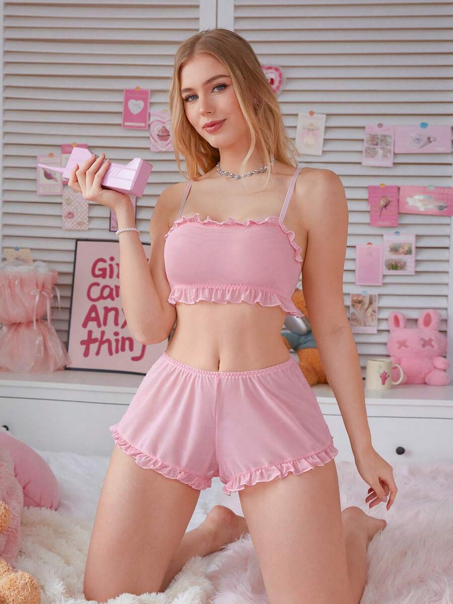 2pcs Women's Mesh Wireless Ruffle Trim Bra Set - Pink - View 1