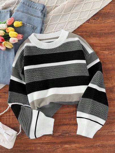 Sparklyn 彩色条纹毛衣，休闲风格，时尚针织上衣，适合青少年女孩，适合秋冬季