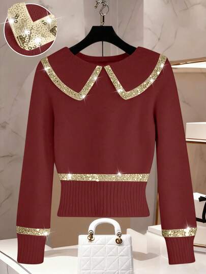 Franclia Women's Elegant Sequin Embellished Collared Long Sleeve Slim Fit Solid Color Pullover Sweater, Plus Size, Autumn/Winter