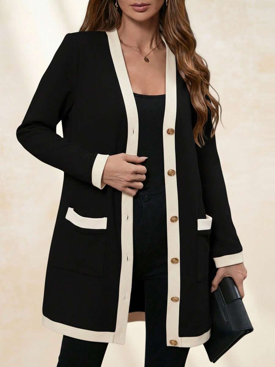 Chikora 大码女式优雅舒适金属纽扣长款保暖开衫，黑白配色，适合秋季穿着，女士防风外套，商务休闲女装 - 黑色 - 查看 1