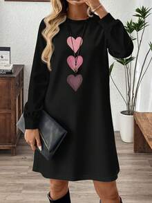 EMERY ROSE 女士爱心印花圆领长袖休闲宽松迷你连衣裙 - 黑色 - 查看 4