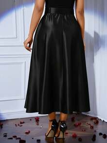 SHEIN Lady Women's Fashion Solid Color Pleated Waist Long Skirt,Fall,Fall Clothes For Women,Winter Clothes For Women - Black - View 2