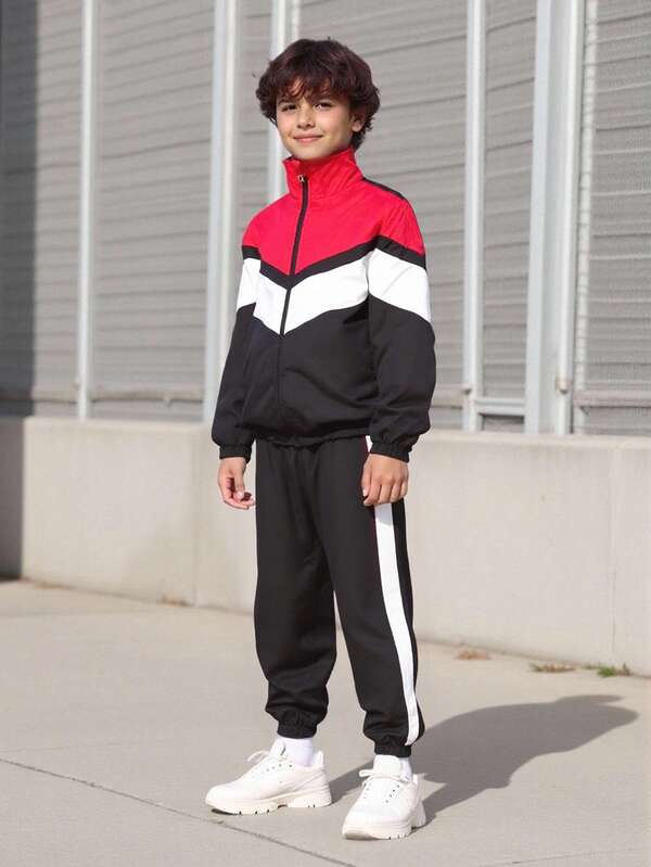 Tween-Jungen 2-teiliges Set mit lässiger Farbblock-Jacke und Jogginghose mit elastischem Bund in Kontrastfarbe, lockere Passform, vielseitig für den Alltag, Pendeln, Outdoor, Sport, Schule, Streetwear, Party, geeignet für Herbst, Frühling, Sommer
