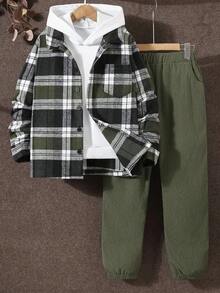 Vacaura 适合青少年男孩的三季格子长袖翻领衬衫和灯芯绒松紧腰裤两件套休闲户外 - 彩色 - 查看 7