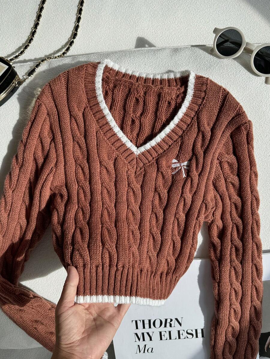 SHEIN 少女蝴蝶结刺绣V领长袖休闲毛衣,秋冬季 - 棕色 - 查看 1