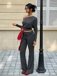 SHEIN EZwear 灰色条纹针织不对称肩长袖上衣和喇叭裤套装（女款） - 黑色 - 查看 1