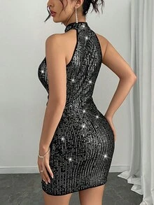 Rafferiza 挂脖褶饰亮片紧身连衣裙，适合节日派对穿着 - 彩色 - 查看 2