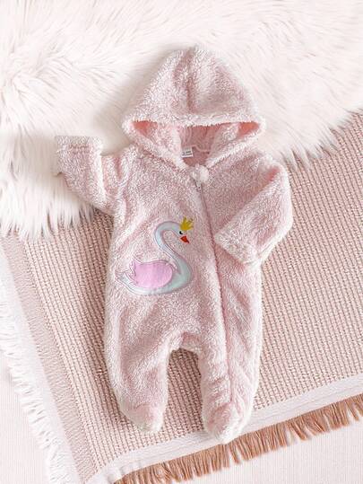 新生儿柔软羊毛长袖连帽连体衣，粉色