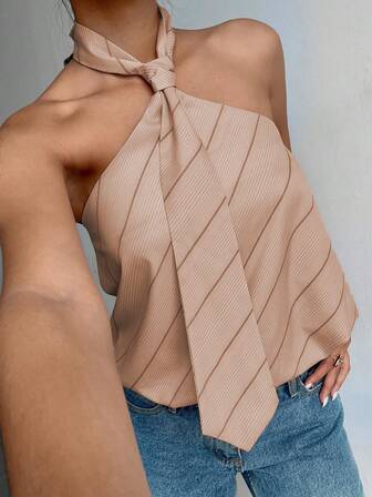 Jeanoix Women's Striped Necktie Design Fashion Halter Top