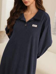 Al Najma Gaun Korduroi Leher Tinggi Wanita, Musim Gugur/Dingin - Navy Blue - View 3