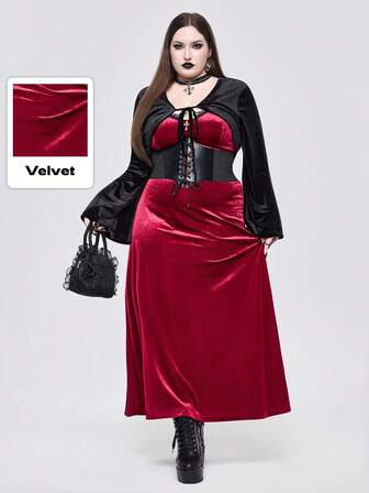 Goth Conjunto de vestido elegante y vintage para fiesta, cena y reunión, de talla grande y estilo gótico sexy. Incluye chaqueta tipo cárdigan de terciopelo con lazo, para mujeres de talla grande. Conjunto de vestido de fiesta vintage exquisito de talla grande para otoño/invierno, con cinturón en la cintura. Vestido maxi de terciopelo de talla grande con diseño de espalda descubierta, elegante y vintage.