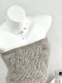 Selianne Rhinestone Embellished Faux Fur Trim Women Bandeau Top - Khaki - View 3