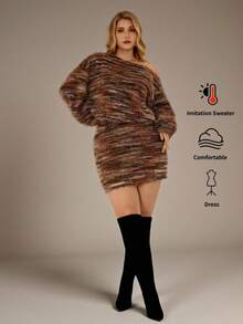 Auralis Vestido mini de punto suave con rayas, de cintura alta, con hombros descubiertos y manga larga, ajustado al Body, estilo retro Y2K, para mujer de talla grande, con parte superior holgada y Bottom ajustada, que estiliza la figura