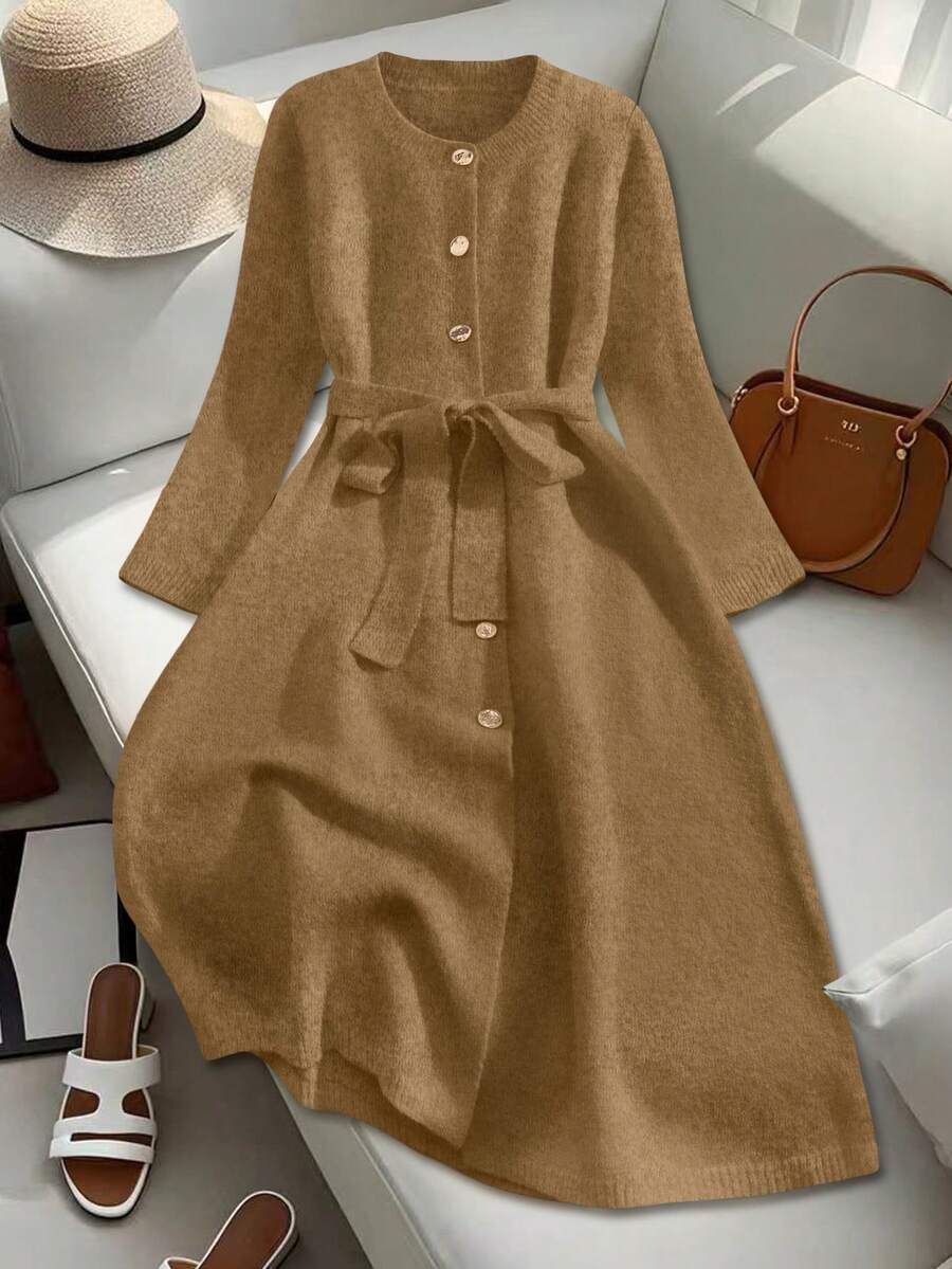 SHEIN Franclia Women's Round Neck Button With Belt Long Knitted Sweater Dress - Khaki - View 1