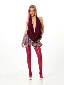 SUMWON WOMEN Draped Cowl Neck Sleeveless Backless Halter Top With Plunge Neckline For Fall Winter Layering - Burgundy - View 3