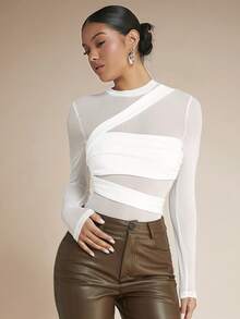 SHEIN BAE Women's Solid Color Round Neck Long Sleeve Mesh Patchwork Casual Bodysuit - White - View 3