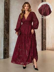 Roveilla Abito lungo elegante in jacquard francese con scollo a V, arricciato, abito da cerimonia in pizzo maxi, abito da cerimonia lungo con maniche a lanterna, abito maxi boho da donna, abito lungo da donna per feste, abito maxi rosso da donna, abito lungo boho per donne