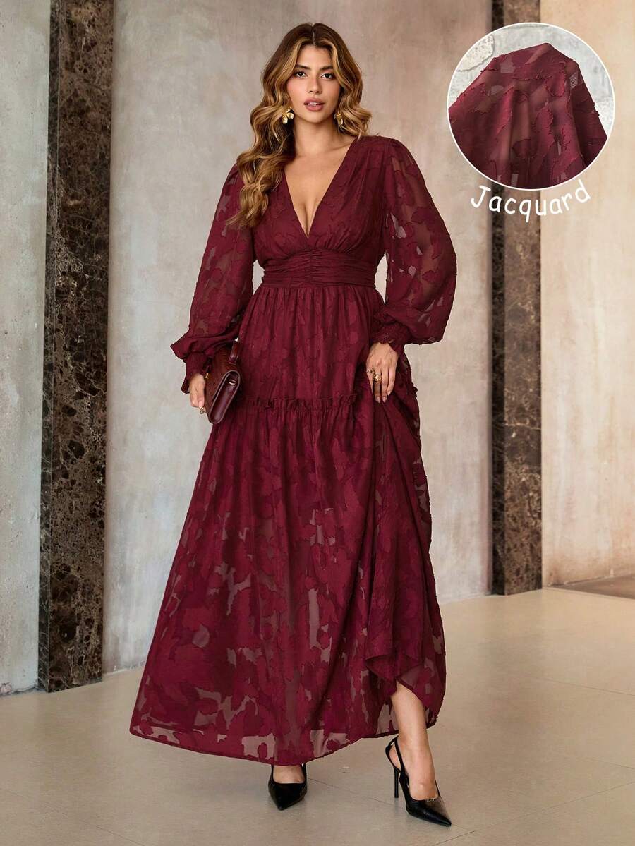 Roveilla Abito lungo elegante in jacquard francese con scollo a V, arricciato, abito da cerimonia in pizzo maxi, abito da cerimonia lungo con maniche a lanterna, abito maxi boho da donna, abito lungo da donna per feste, abito maxi rosso da donna, abito lungo boho per donne