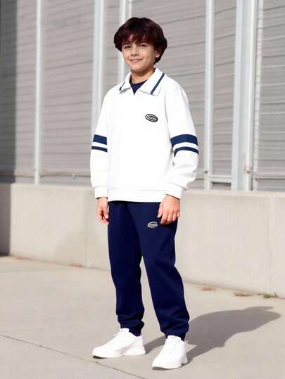  Vacaura 男童套装 2 件套 - Polo 领拼色运动衫搭配慢跑裤，适合青少年男孩春秋冬休闲运动套装