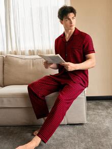 CoupledUp Contrast Trim Plaid Print Lapel Collar Men's Pajama Set - Multicolor - View 3