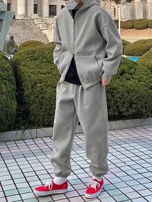 DAZY Bộ quần nỉ có dây rút và áo hoodie lót nhiệt màu xám cho nam, Thu/Đông - Xám - Xem 5