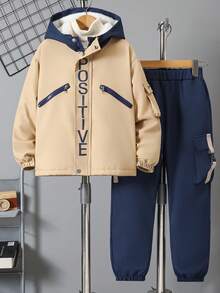 SHEIN Vacaura 2pcs/Set Tween Boys' Casual Outdoor Printed Color Block Thermal Lined Set, Autumn/Winter - Khaki - View 4