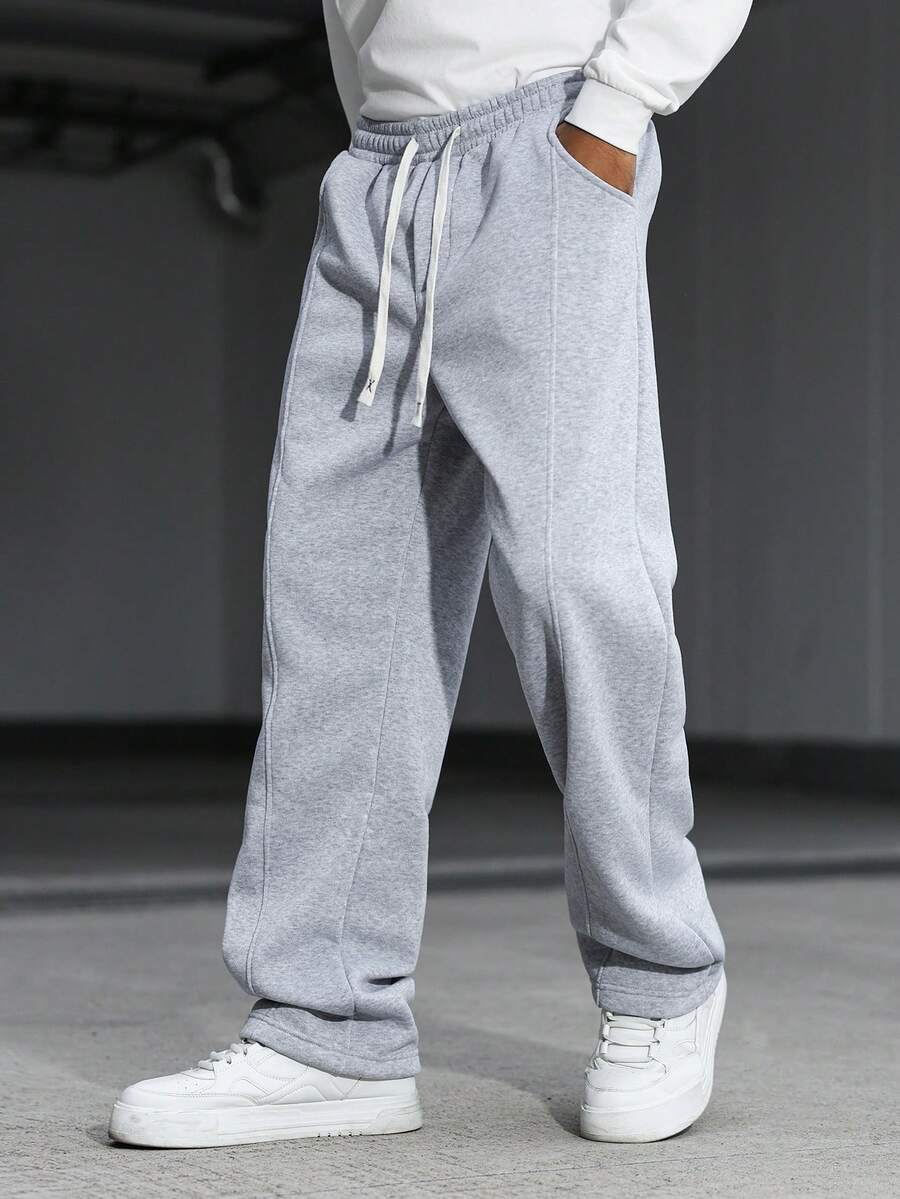 Manfinity Hypemode 男士休闲宽松抽绳腰斜插口袋灰色运动裤，男士健身运动裤，宽裤脚 - 灰色 - 查看 1