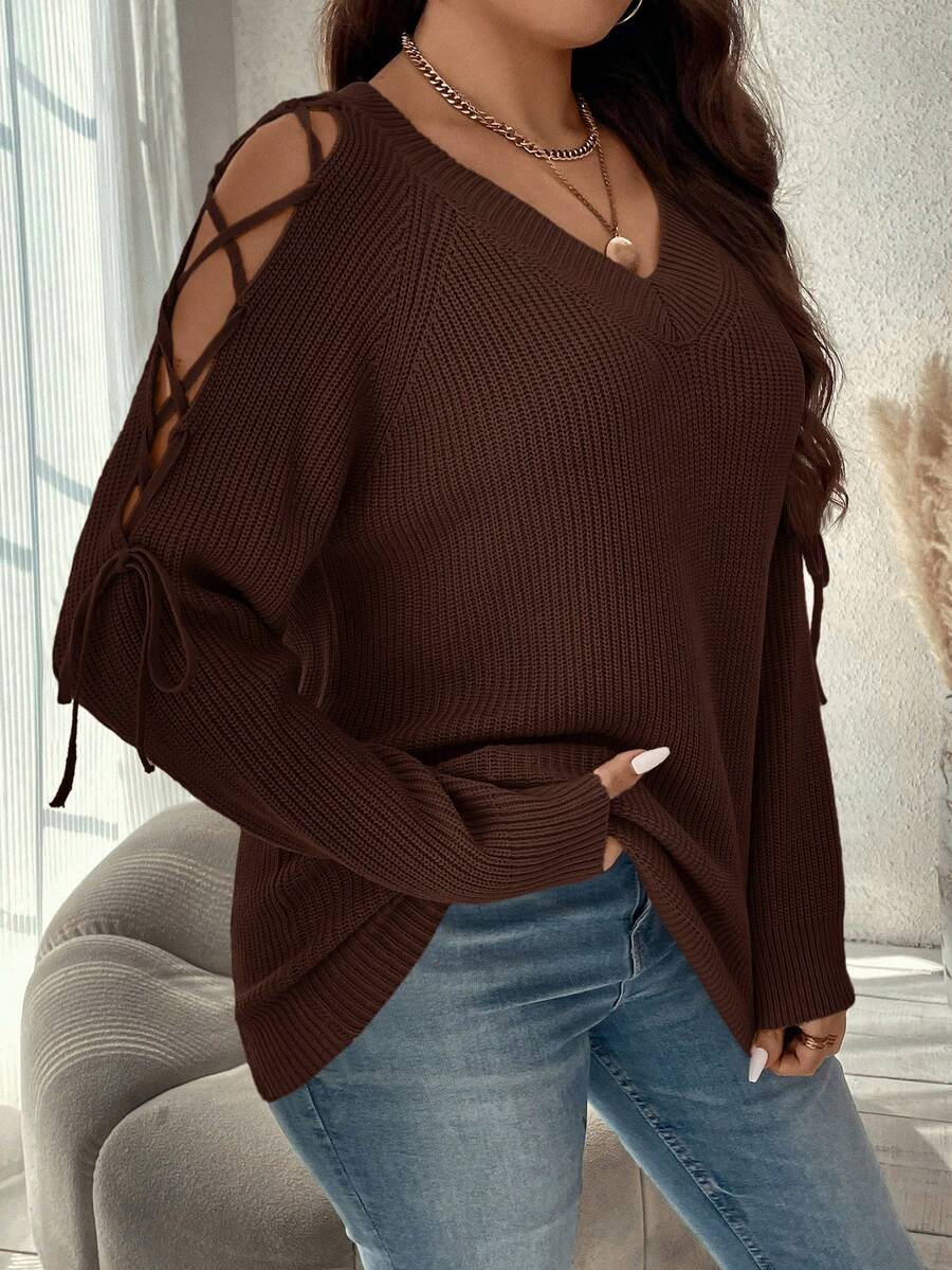 SHEIN Clasi Áo len chui đầu tay raglan buộc dây cỡ lớn dành cho nữ vào mùa thu/đông - Cà phê nâu - Xem 1