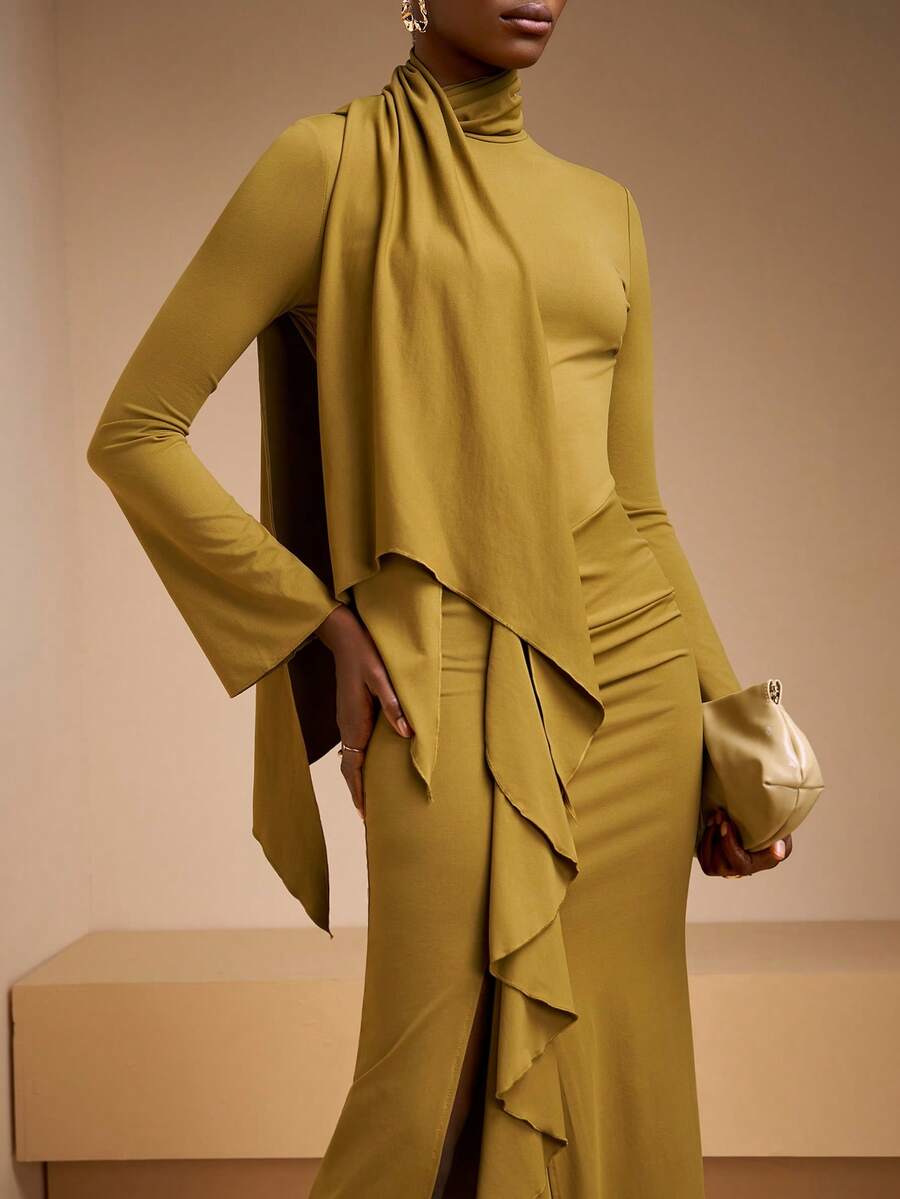 Zivah 2025秋冬新款音乐节、万圣节、圣诞节、复活节、西部风、游牧风格休闲连衣裙，适合生日派对、毕业典礼、度假、邮轮、海滩、日光浴、日常通勤、休闲街头时尚。荷叶边喇叭袖，褶裥装饰，修身开衩弹力针织中长连衣裙，大地黄配色。