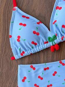 少女吊带三角樱桃印花夏季比基尼泳衣 - 霧霾藍 - 查看 8