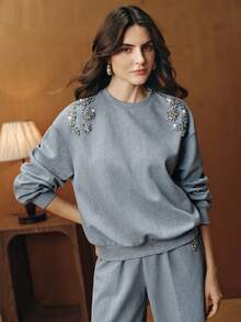 Anewsta Vintage Washed Light Blue Rhinestone Embellished Casual Sweatshirt For Women - Blue - View 3