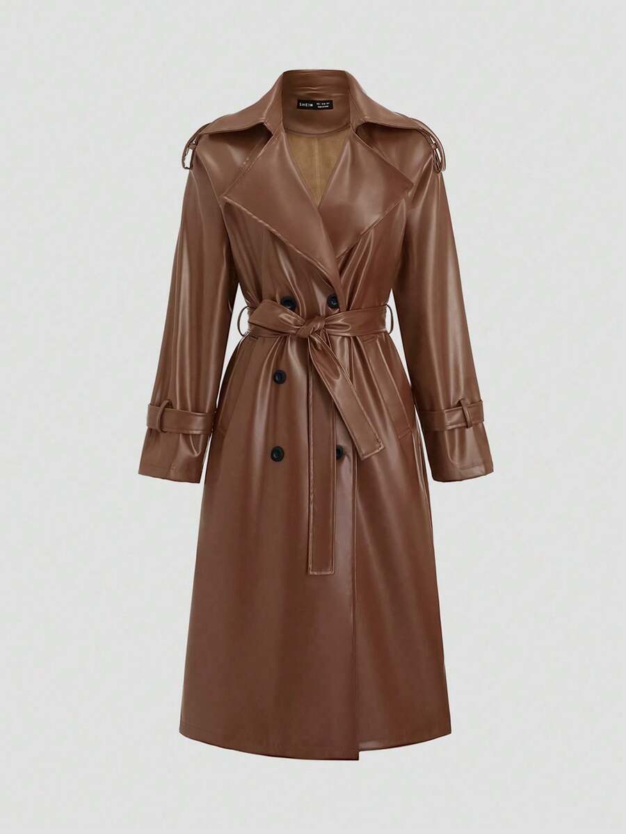 Sweetra PU皮革休闲纯色长袖女式风衣 - 棕色 - 查看 1