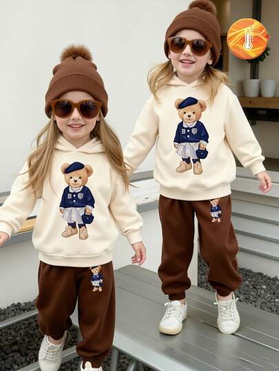 SHEIN Playful Pals Cozy Fall & Winter Styles Young Girls Casual Fashion Creative Personalized Fresh Simple Cute Cartoon Bear Beret Hat Design Letter Slogan Graphic Print Relaxed Hoodie And Sweatpants Set, Comfortable Outfit