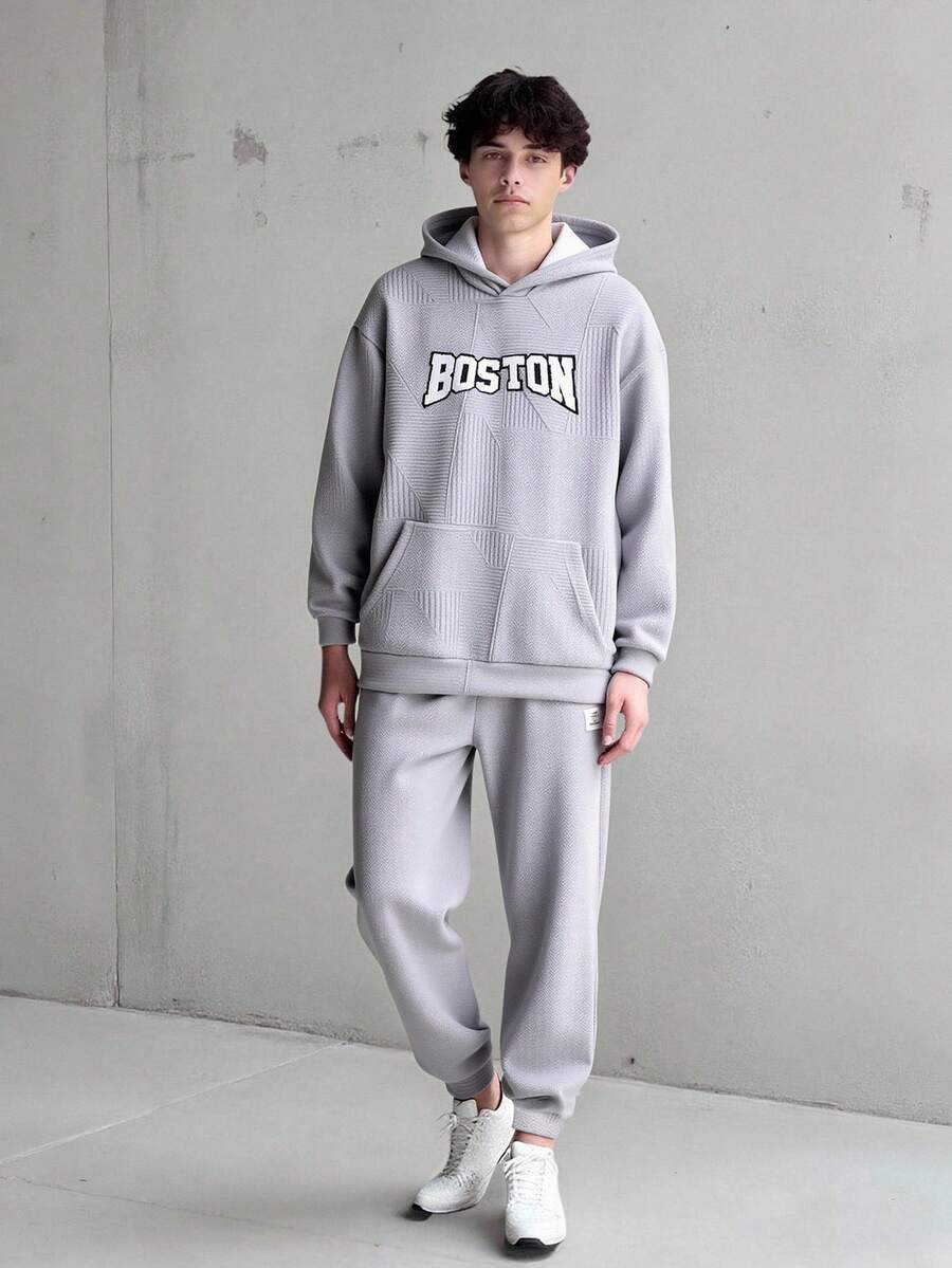 Vacaura 2pcs/Set Teenager Male Grey Textured Fabric English Embroidered Hoodie And Sweatpants,Casual Sporty Back-To-School Autumn Streetwear White Graduation - Multicolor - View 1