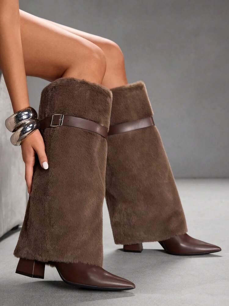 CUCCOO SZL Women's Fashion Coffee Brown Pointed Toe Knee-High Boots