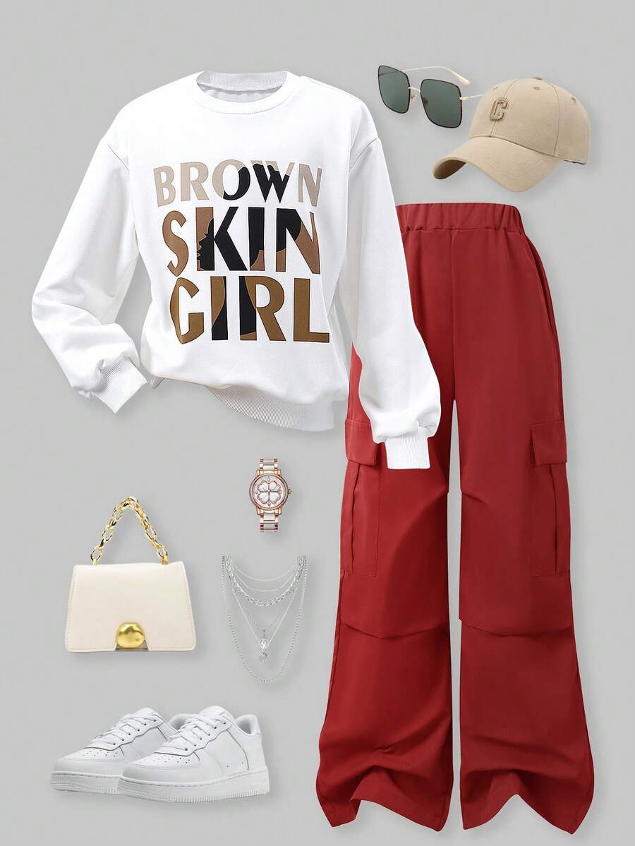 SHEIN Explorewe 2 件套女孩口号印花字母白色圆领运动衫搭配时尚休闲卡其色工装裤,街头风服装 - 酒紅色 - 查看 1