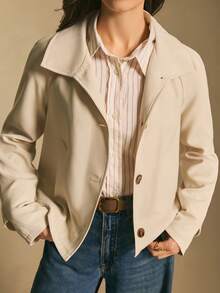 Poéselle Women's Cropped Trench Jacket – Beige Lightweight Single-Breasted Spring Coat For Casual & Commute Layering Cropped Trench Coat Beige Jacket Women Lightweight Spring Coat Minimalist Outerwear Commuter Jacket Neutral Tone Quiet Luxury Coat Short Trench Style Women's Solid Color Raglan Sleeve Front Button Casual Trench Coat Winter For Women - Khaki - View 2