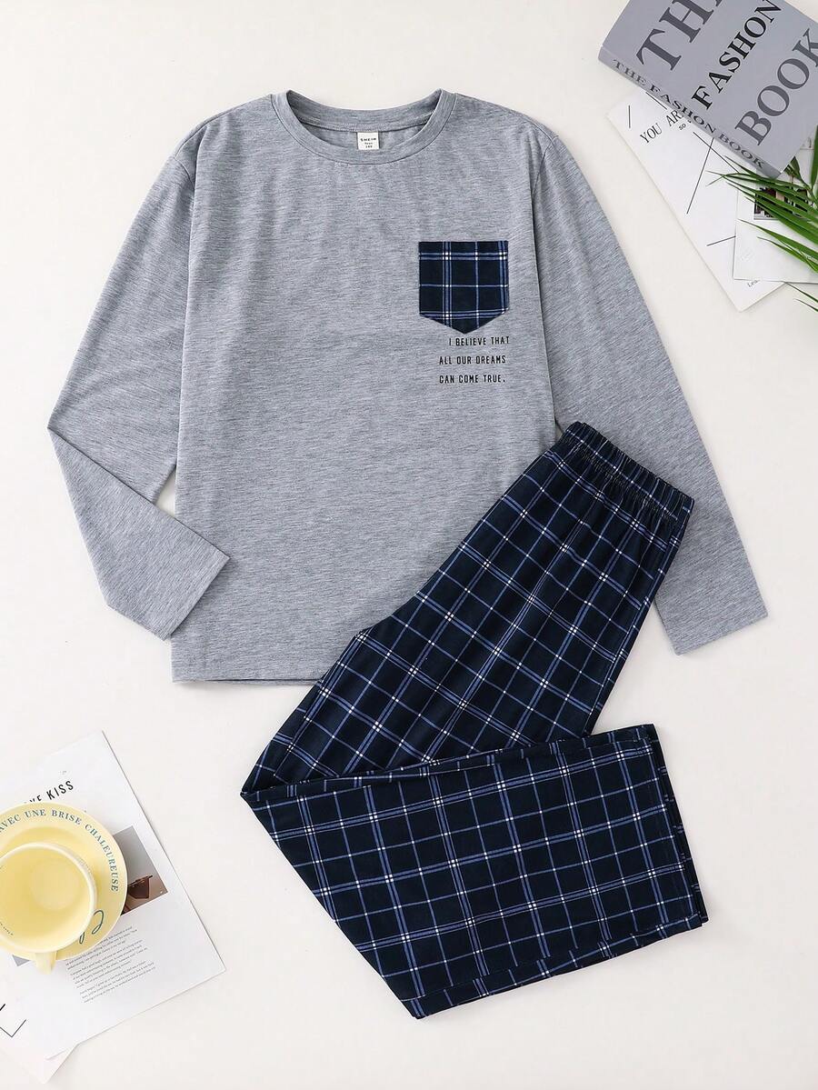 SHEIN 青少年男童简约廓形浅灰色拼接撞色字母印花格子裤家居服套装，休闲学院风舒适时尚百搭柔软面料，适合日常和居家穿着