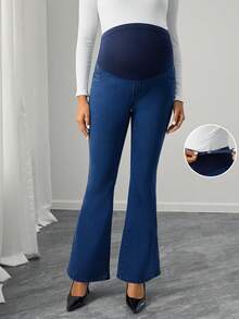 Momance Adjustable Waist Flare Maternity Casual Jeans - Medium Wash - View 1