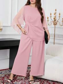 SHEIN Clasi Plus Size Solid Color Business Casual Top And Pants 2 Pieces Set Plus Size Co Ords Modest Two Piece Set - Pink - View 5