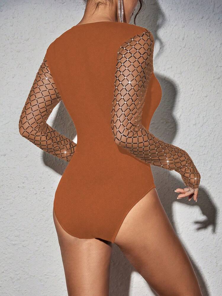 Almamuse Seksowny, czarujący, elegancki i luksusowy, codzienny, uniwersalny, elastyczny, długi rękaw, dopasowana talia, siatka w romby, patchwork, body dla kobiet - Brązowy - Zobacz 4