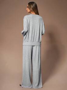 Lazeform 休闲舒适宽松罗纹浅灰色女士家居服套装，适合室内外穿着，休闲两件套舒适长袖家居服套装，冬季服装 - 灰色 - 查看 2