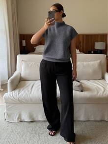 Dripcurv 女士加大码灰色优雅高领宽松休闲百搭无袖针织背心，秋冬季必备 - 深灰色 - 查看 2