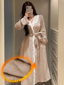 DAZY Women's Long Plush Fluffy Lace Ruffle Hem Patchwork Bathrobe, Winter - Apricot - View 3